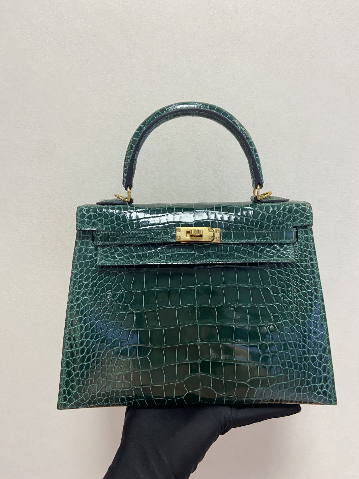 Hermes Kelly 25cm Handbag Shoulder Bag In Gris Tourterelle Shiny Crocodile Niloticus Leather